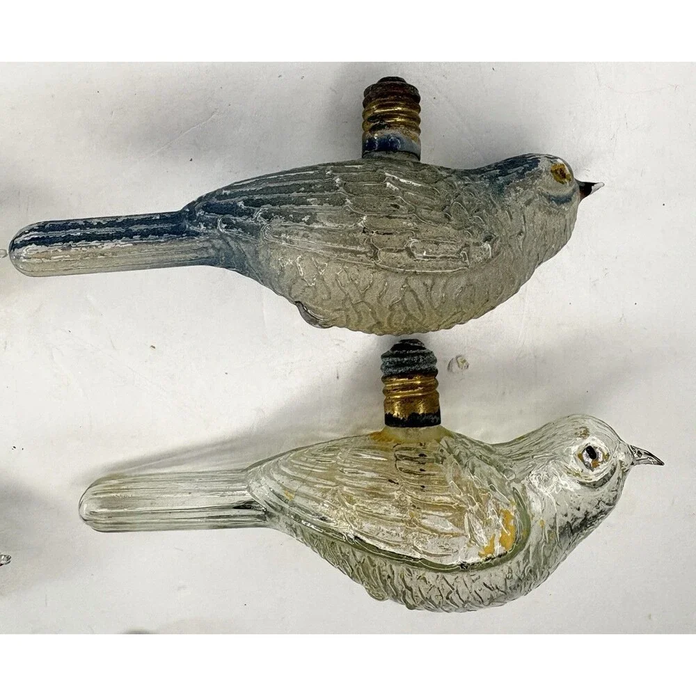 Bird Light Bulb Ornament Clear Glass Painted Blue Old• 5 Pc • Christmas Vintage